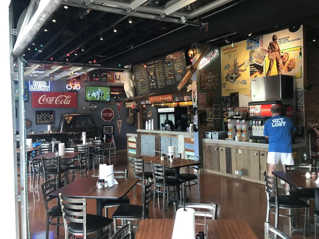 The colorful dining room inside Lost Pizza Co. in Oxford, Mississippi