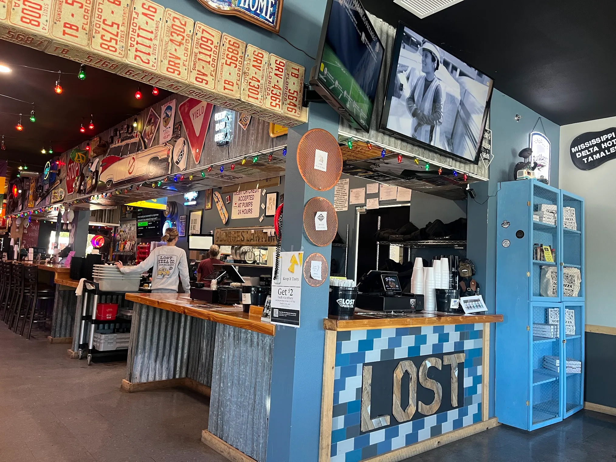 The colorful dining room at Lost Pizza Co. in downtown Pensacola, Florida